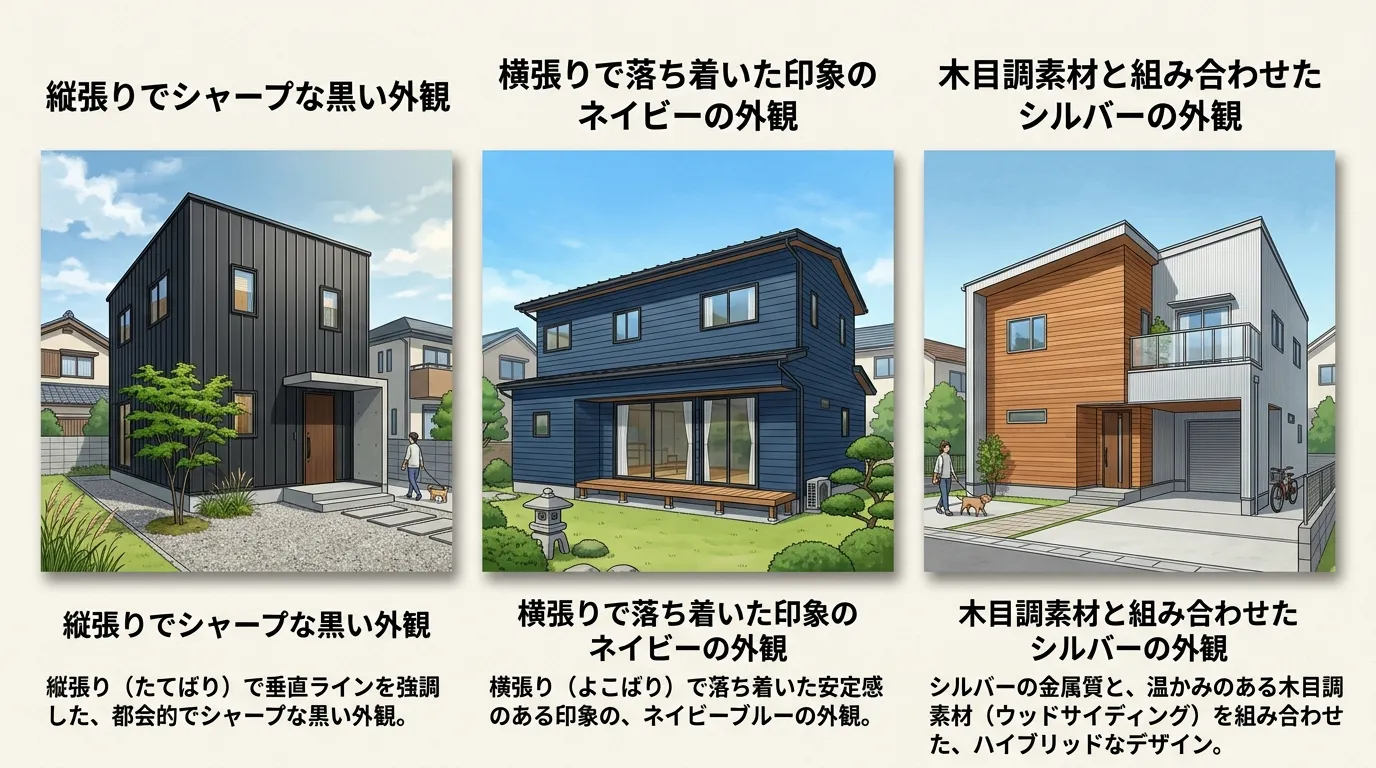 ガルバリウム鋼板を使用したモダンな住宅の施工事例写真3点。それぞれ「縦張りでシャープな黒い外観」「横張りで落ち着いた印象のネイビーの外観」「木目調素材と組み合わせたシルバーの外観」など、本文で解説した