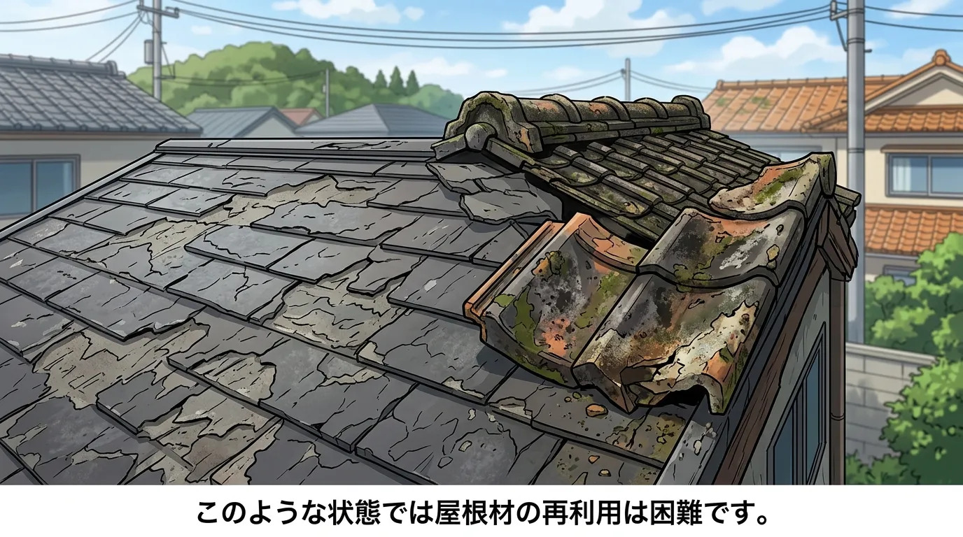 表面が剥がれ、多数のひび割れが入ったスレート屋根と、角が欠けて変色したセメント瓦のクローズアップ写真。キャプション例：「このような状態では屋根材の再利用は困難です。」]