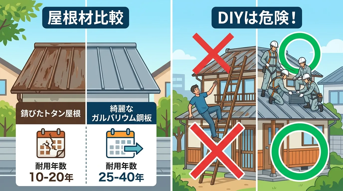 現代日本をベースに、日本人や日本の風景を使用すること, トタン屋根葺き替えの要点をまとめたインフォグラフィック。フラットなデジタルイラスト。全体を2分割。左半分は「屋根材比較」として、錆びたトタン屋根