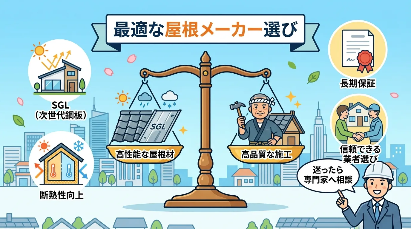 現代日本をベースに、日本人や日本の風景を使用すること, 「最適な屋根メーカー選び」というタイトルのインフォグラフィック。中央に大きな天秤を配置し、左の皿に「高性能な屋根材」のアイコン、右の皿に「高品質