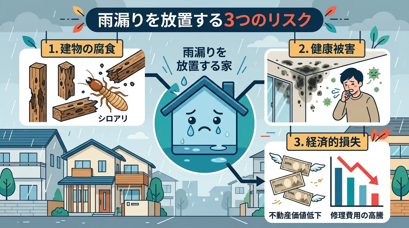 現代日本をベースに、日本人や日本の風景を使用すること, 「雨漏りを放置する3つのリスク」のインフォグラフィック。中央に雨漏りで悲しむ家のアイコンを配置。そこから3方向に分岐し、①腐った柱とシロアリのア