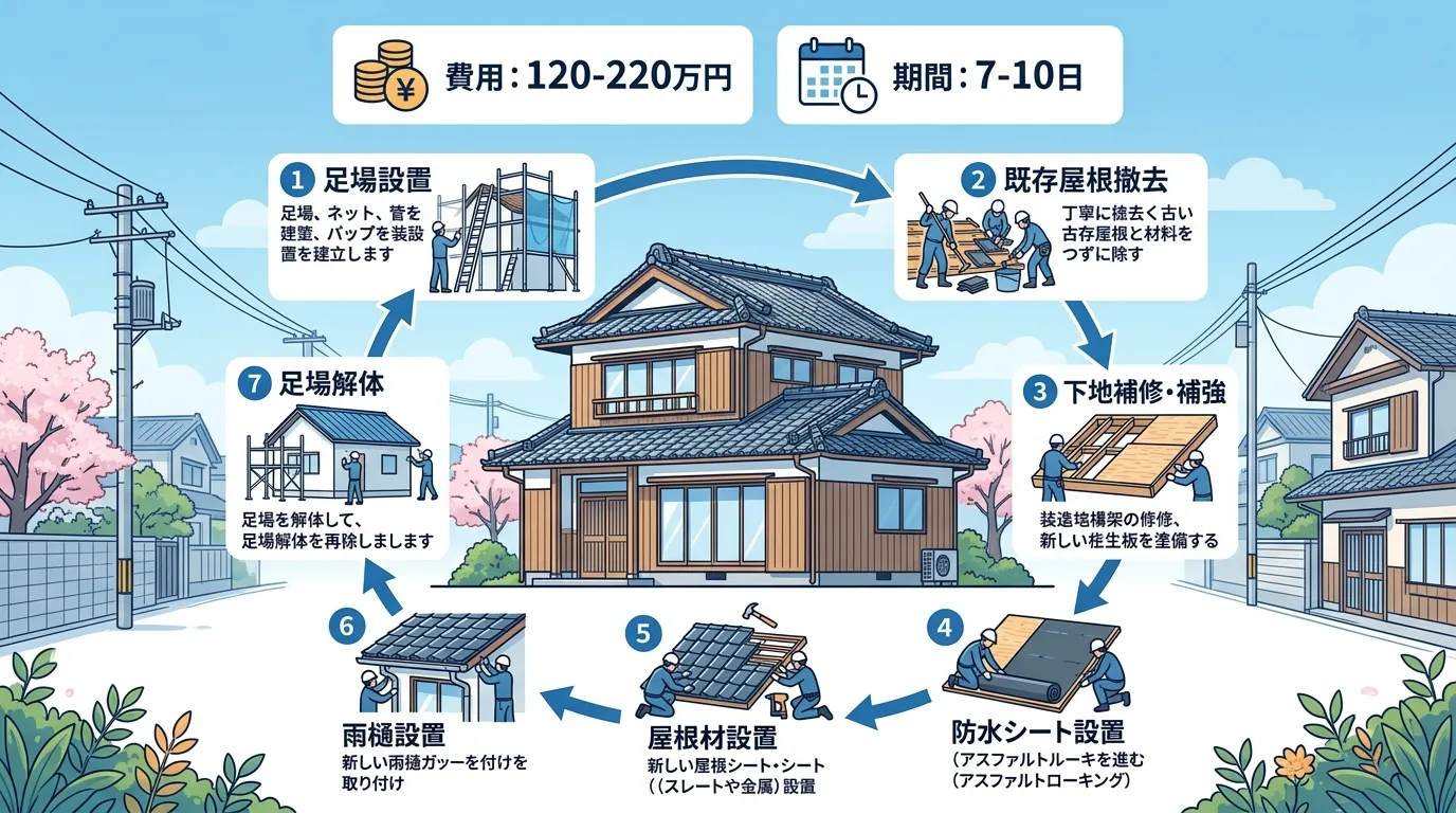 現代日本をベースに、日本人や日本の風景を使用すること, 「屋根葺き替え工事の全工程」をテーマにしたインフォグラフィック。中央に家のイラストを配置し、その周りを矢印で繋がれた7つのステップ(足場設置、屋