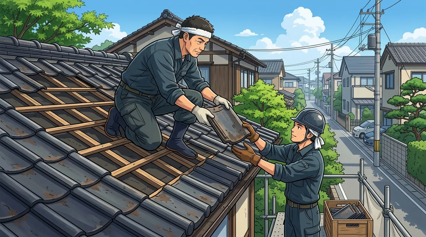 職人が屋根の上で瓦を一枚ずつ丁寧にはがし、下にいる別の職人に手渡している作業風景の写真]