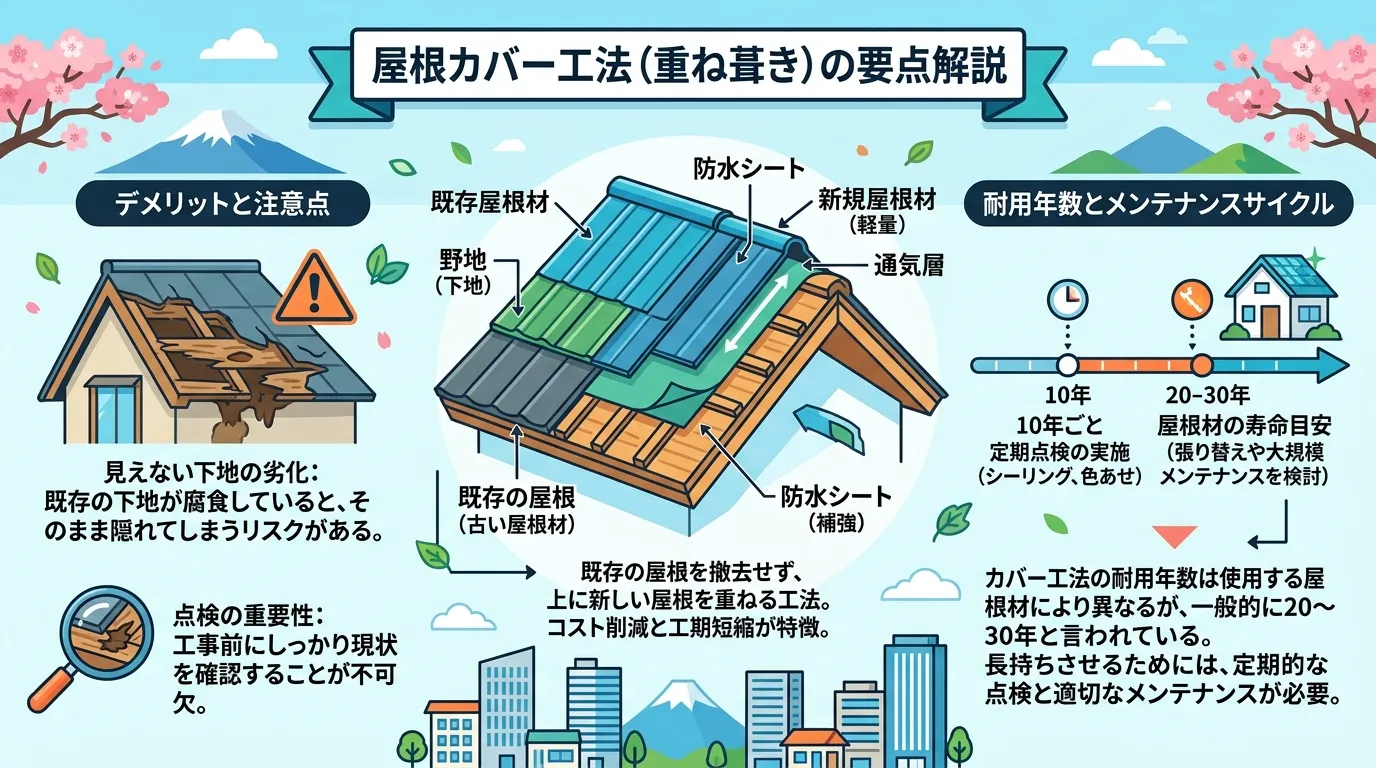 現代日本をベースに、日本人や日本の風景を使用すること, 屋根カバー工法の要点を解説するインフォグラフィック。中央に古い屋根に新しい屋根を重ねる工法の断面図を配置。左側に「デメリット」として、見えない下