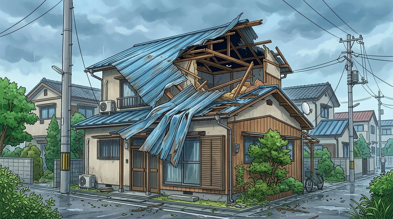 台風によってトタン屋根の一部が剥がれ、めくれ上がっている様子の写真。自然災害による被害であることが一目でわかるもの。]