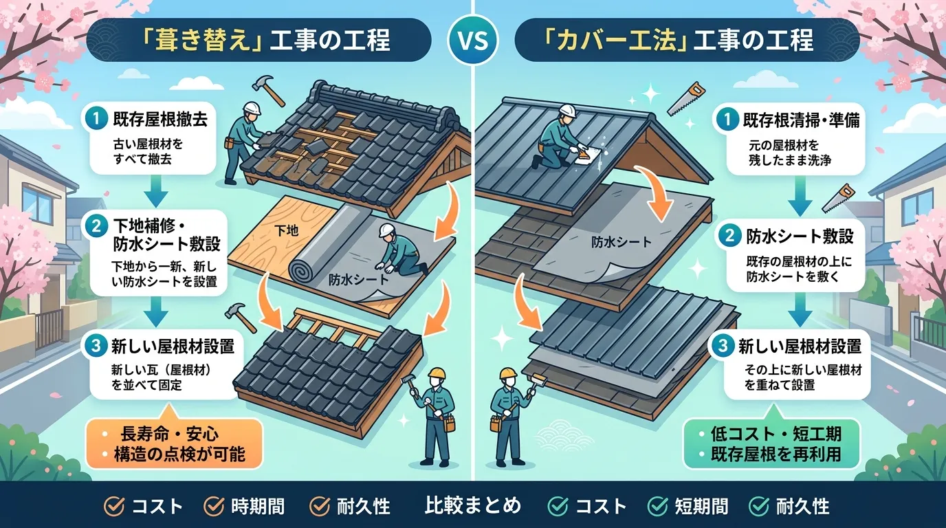 現代日本をベースに、日本人や日本の風景を使用すること, 屋根リフォームの「葺き替え」と「カバー工法」の違いを比較解説するインフォグラフィック。画面を左右に分割し、左に「葺き替え」、右に「カバー工法」の