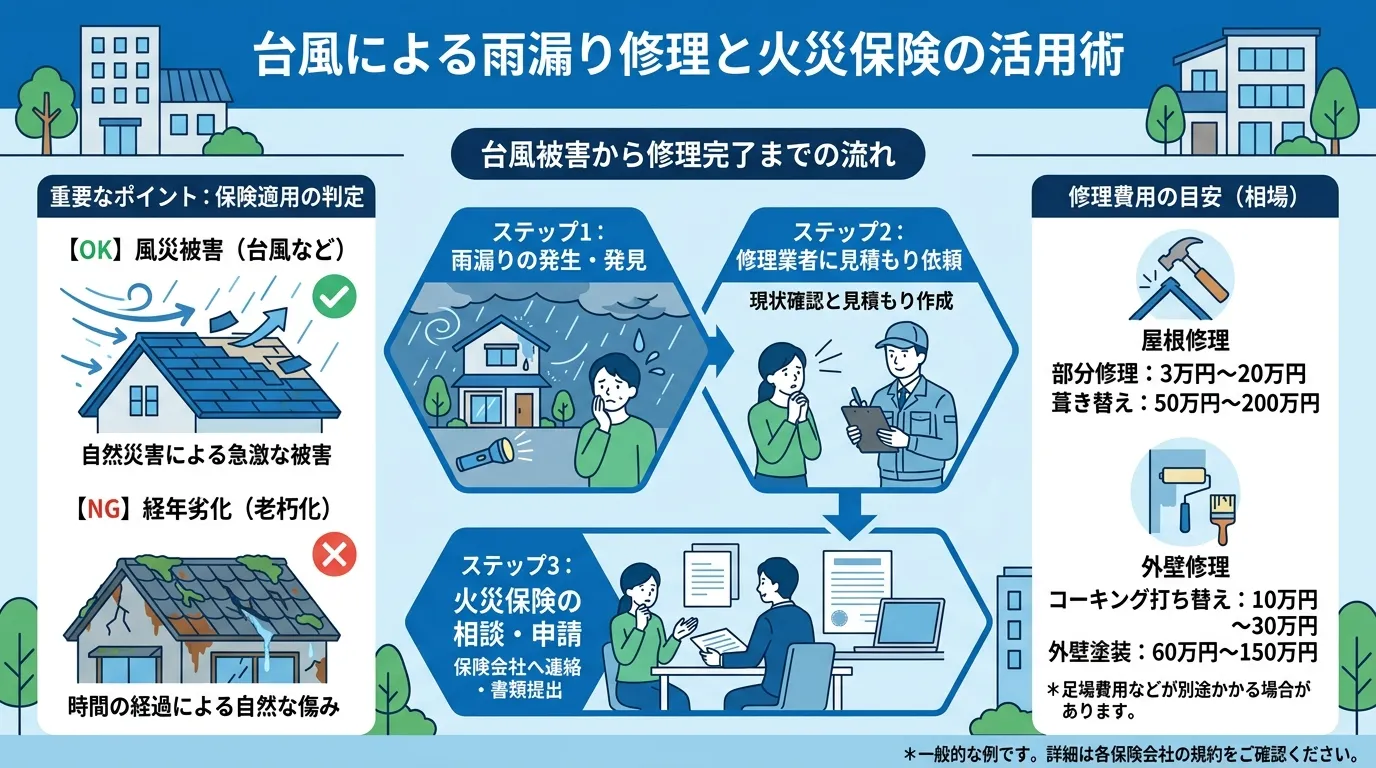 現代日本をベースに、日本人や日本の風景を使用すること, 「台風による雨漏り修理と火災保険の活用術」をテーマにしたインフォグラフィック。親しみやすいデジタルイラストとフラットデザインで作成。中央に「雨漏