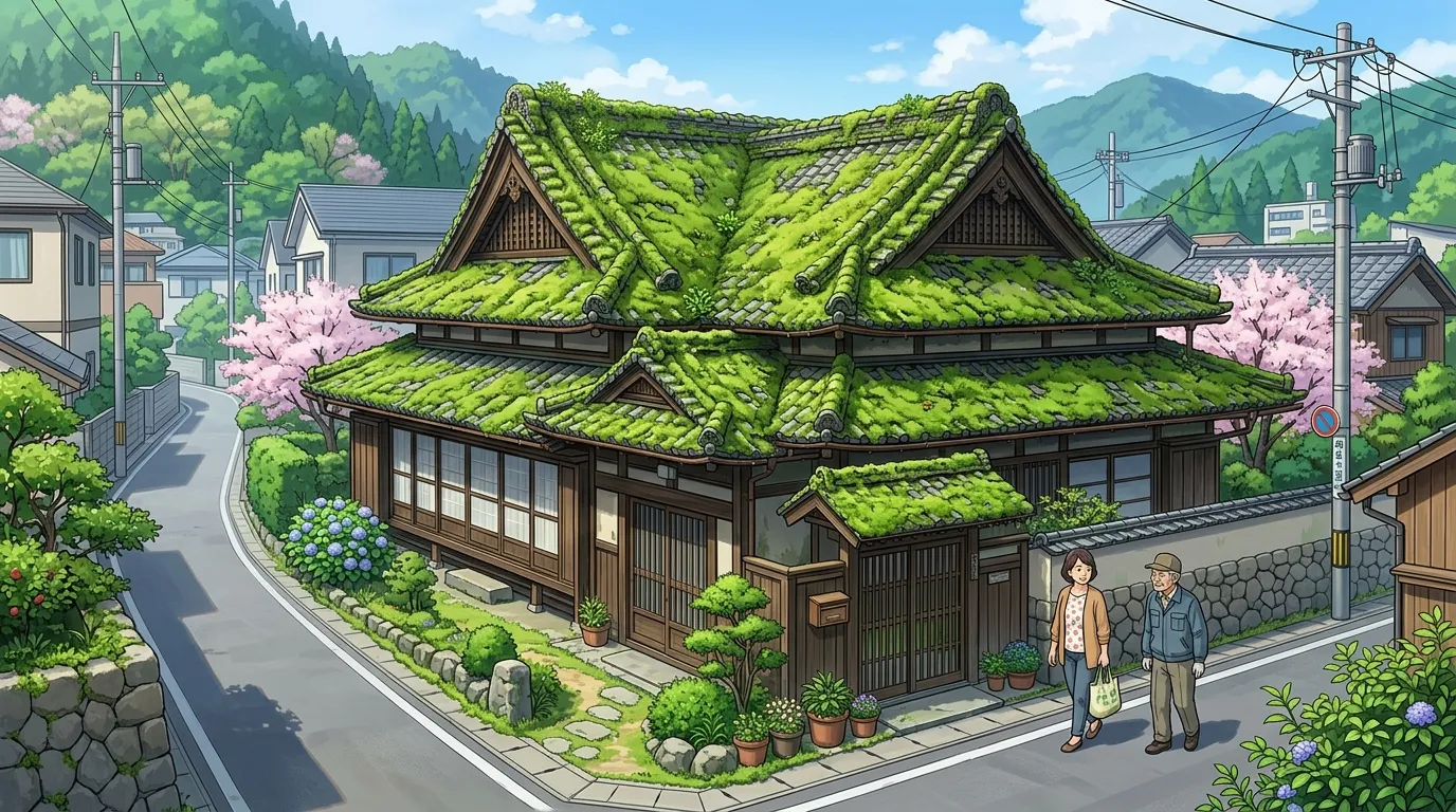 屋根全体に緑色のコケがびっしりと生えている写真]