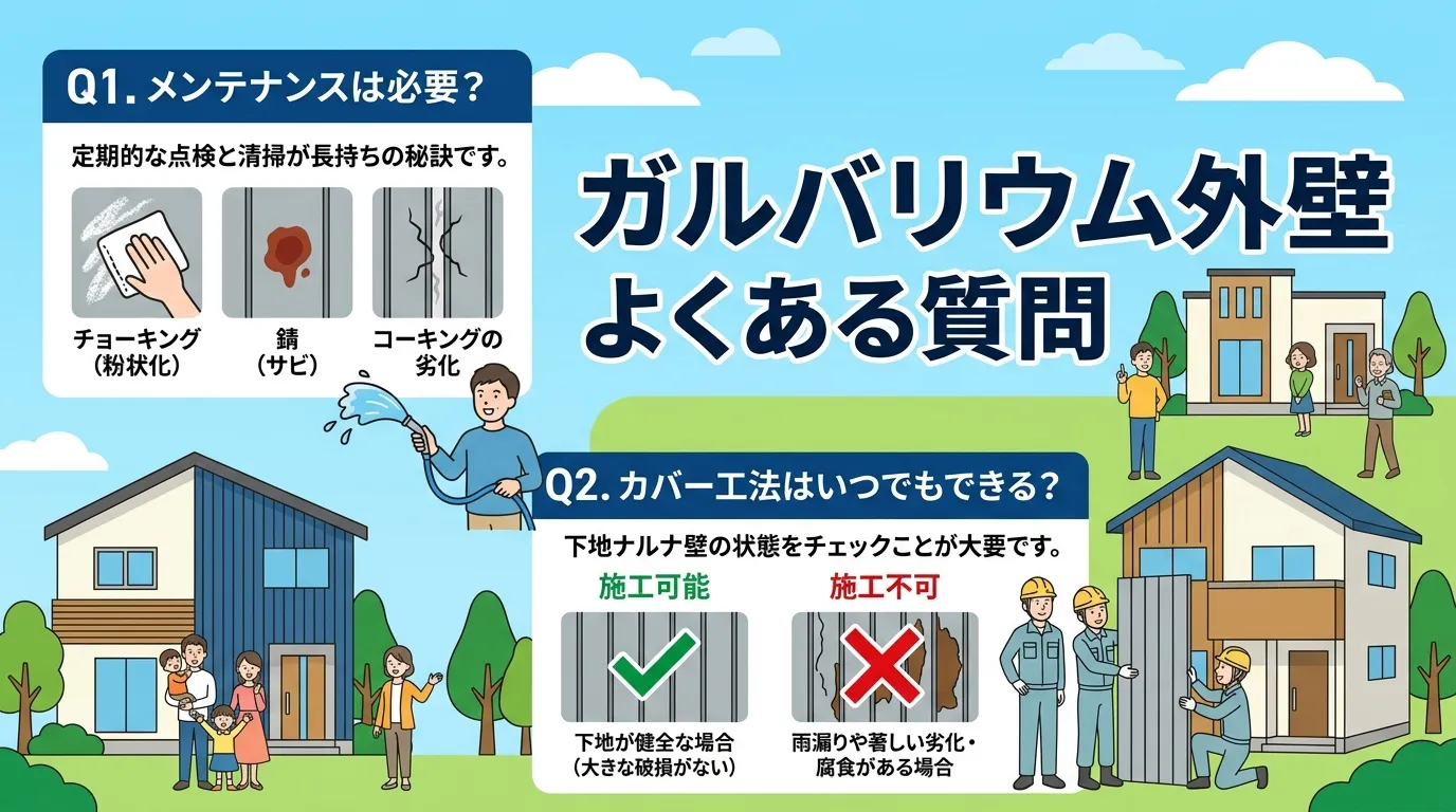 現代日本をベースに、日本人や日本の風景を使用すること, ガルバリウム鋼板外壁のFAQを解説するインフォグラフィック。「Q1. メンテナンスは必要?」ではチョーキングや錆などの劣化サインをアイコンで示し