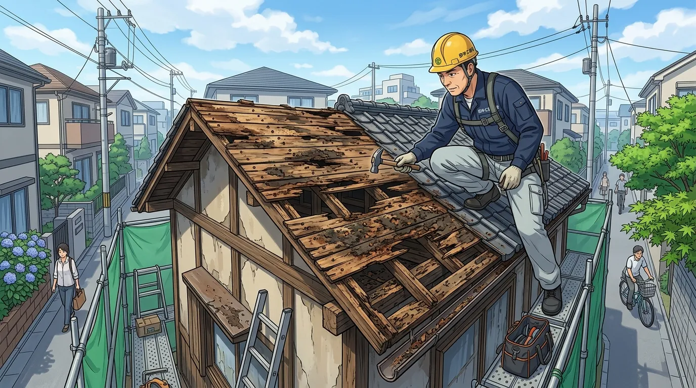 腐食してボロボロになった屋根の野地板の写真]