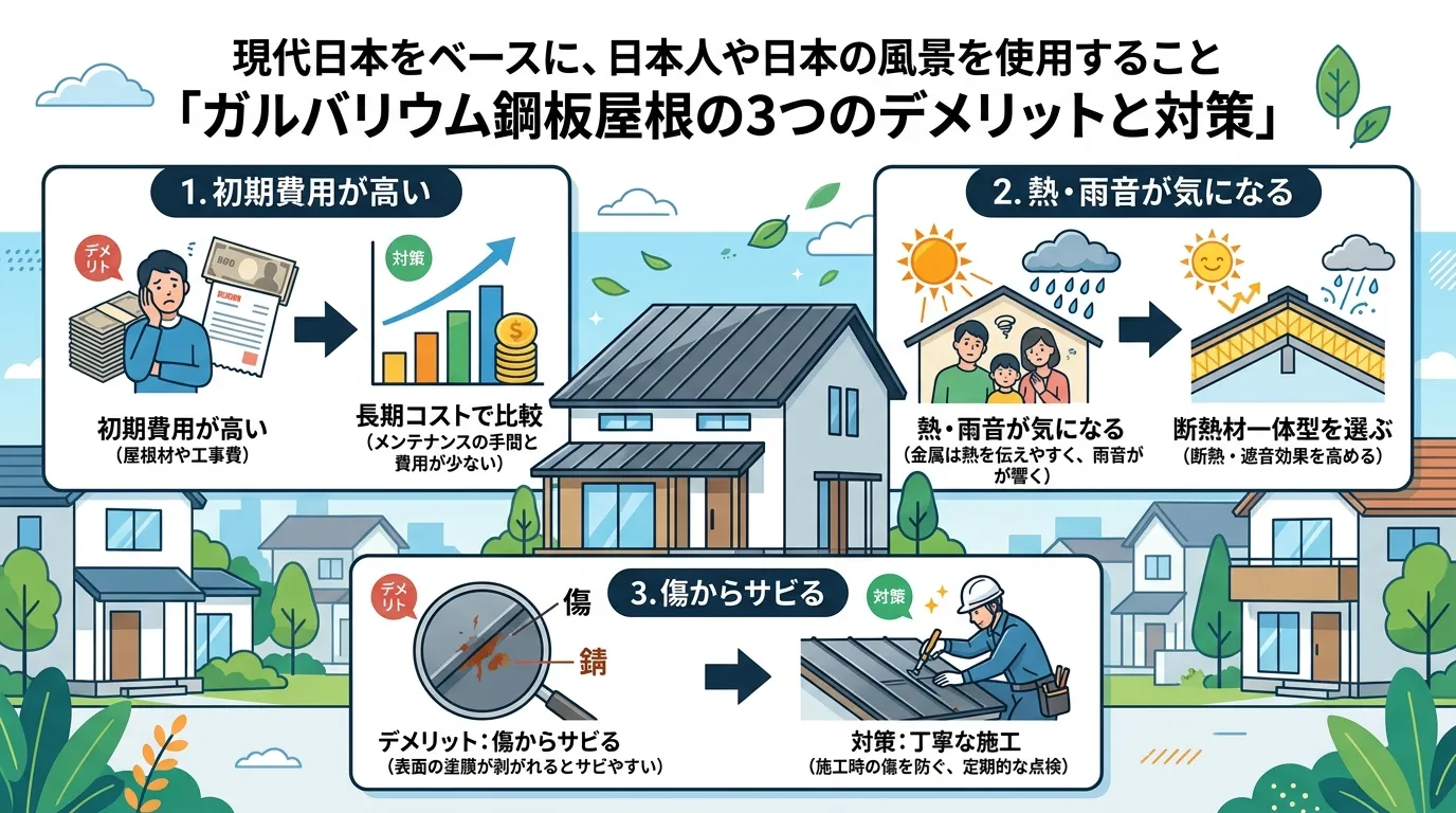 現代日本をベースに、日本人や日本の風景を使用すること, 「ガルバリウム鋼板屋根の3つのデメリットと対策」をテーマにしたインフォグラフィック。中央に家の屋根のイラストを配置し、その周りに3つの項目を並べ