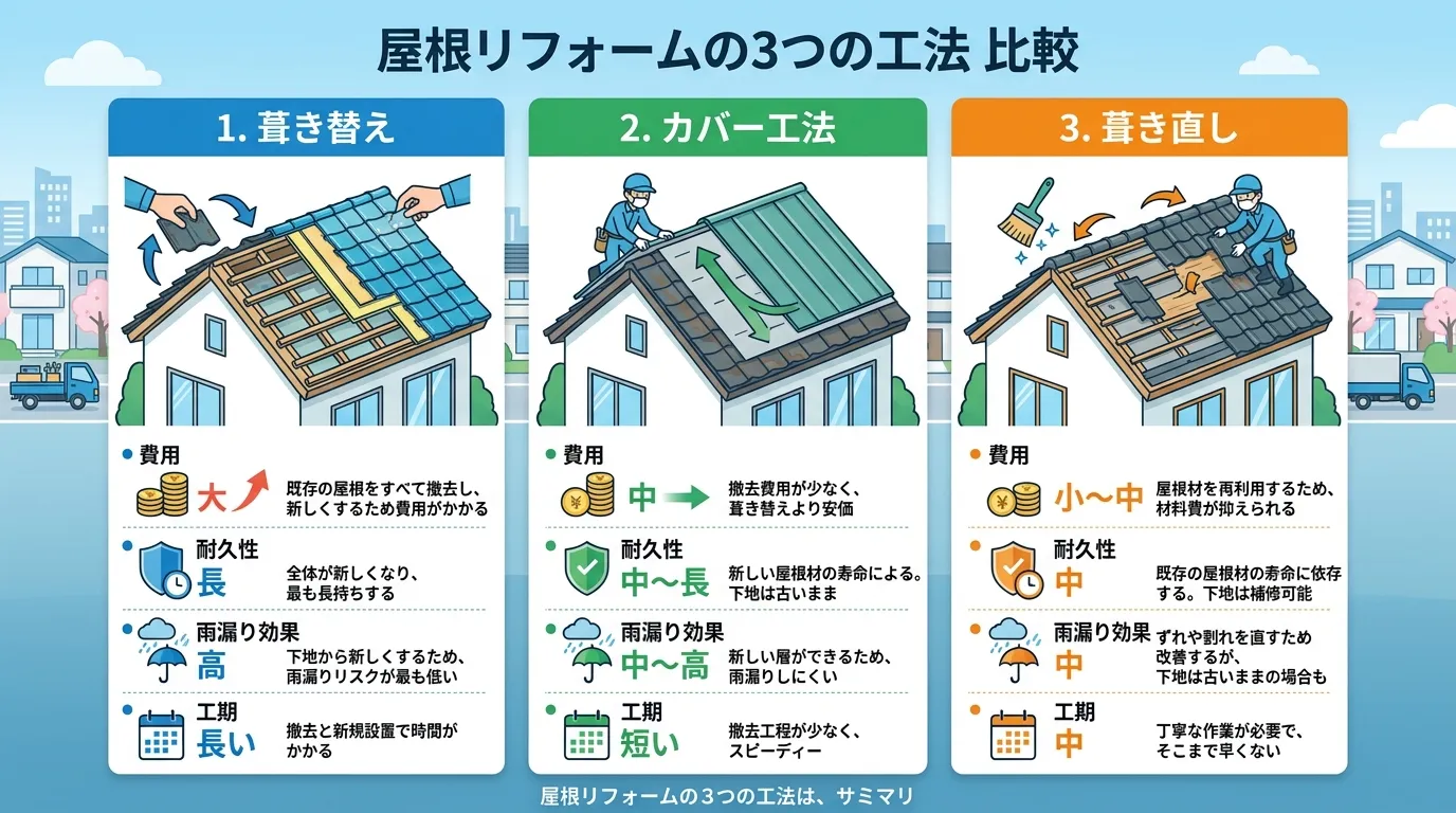 現代日本をベースに、日本人や日本の風景を使用すること, 「屋根リフォームの3つの工法」を比較するインフォグラフィック。「葺き替え」「カバー工法」「葺き直し」を横に並べ、それぞれの工法を家の屋根の断面図