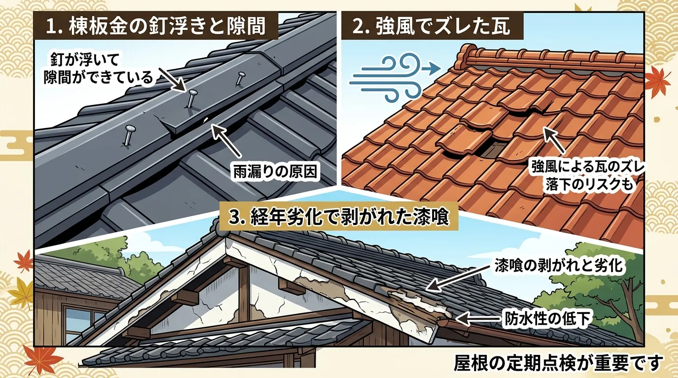 屋根の棟板金の釘が浮いて隙間ができている写真、強風でズレた瓦の写真、経年劣化でボロボロに剥がれた漆喰の写真、をそれぞれ掲載。専門用語の理解を助ける。]