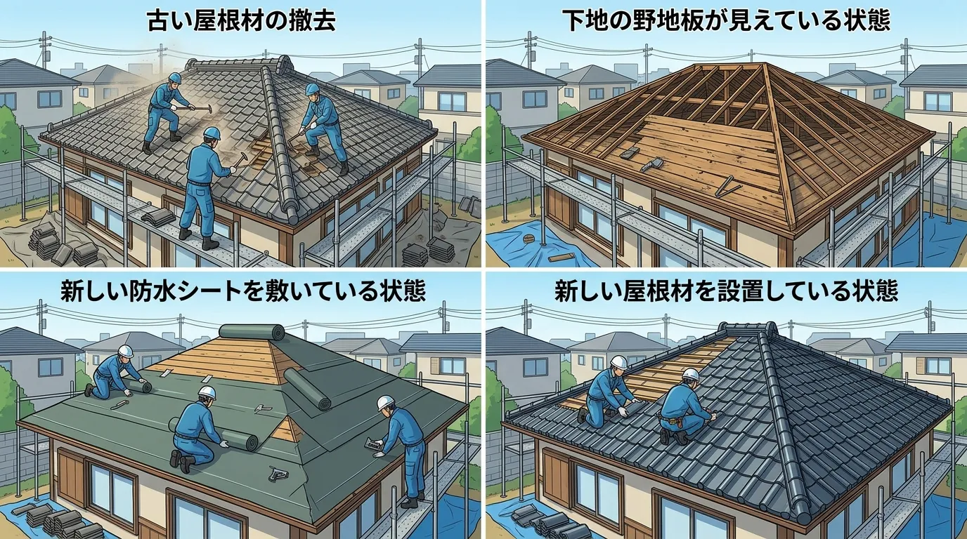葺き替え工事の工程写真。古い屋根材の撤去&rarr;下地の野地板が見えている状態&rarr;新しい防水シートを敷いている状態&rarr;新しい屋根材を設置している状態、の4枚組。]