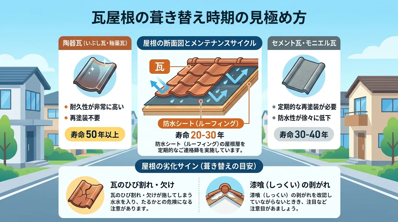 現代日本をベースに、日本人や日本の風景を使用すること, 「瓦屋根の葺き替え時期」をテーマにしたインフォグラフィック。清潔感のあるフラットなデジタルイラスト。中央に屋根の断面図を置き「瓦」と「防水シート