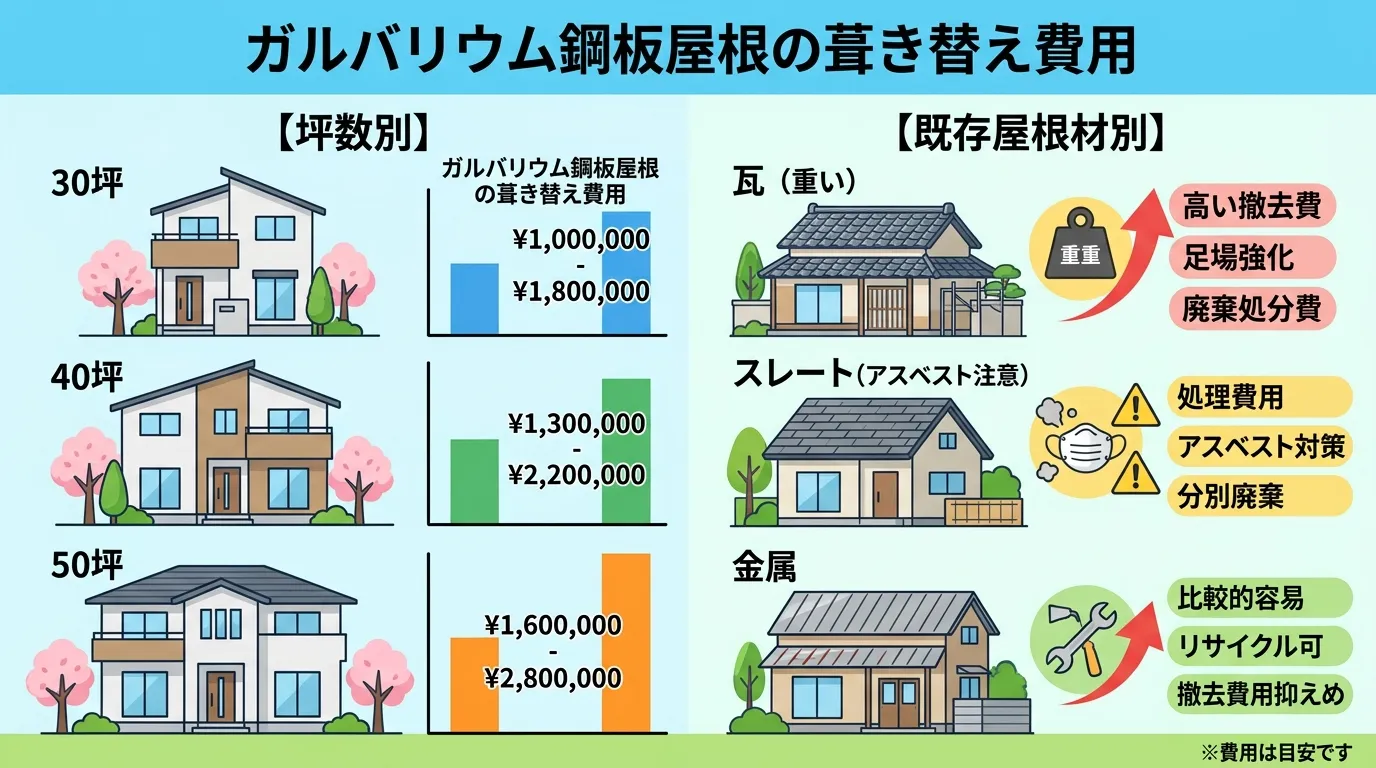 現代日本をベースに、日本人や日本の風景を使用すること, 「ガルバリウム鋼板屋根の葺き替え費用」を解説するインフォグラフィック。左側に【坪数別】として30坪、40坪、50坪の家のイラストと費用相場を示す