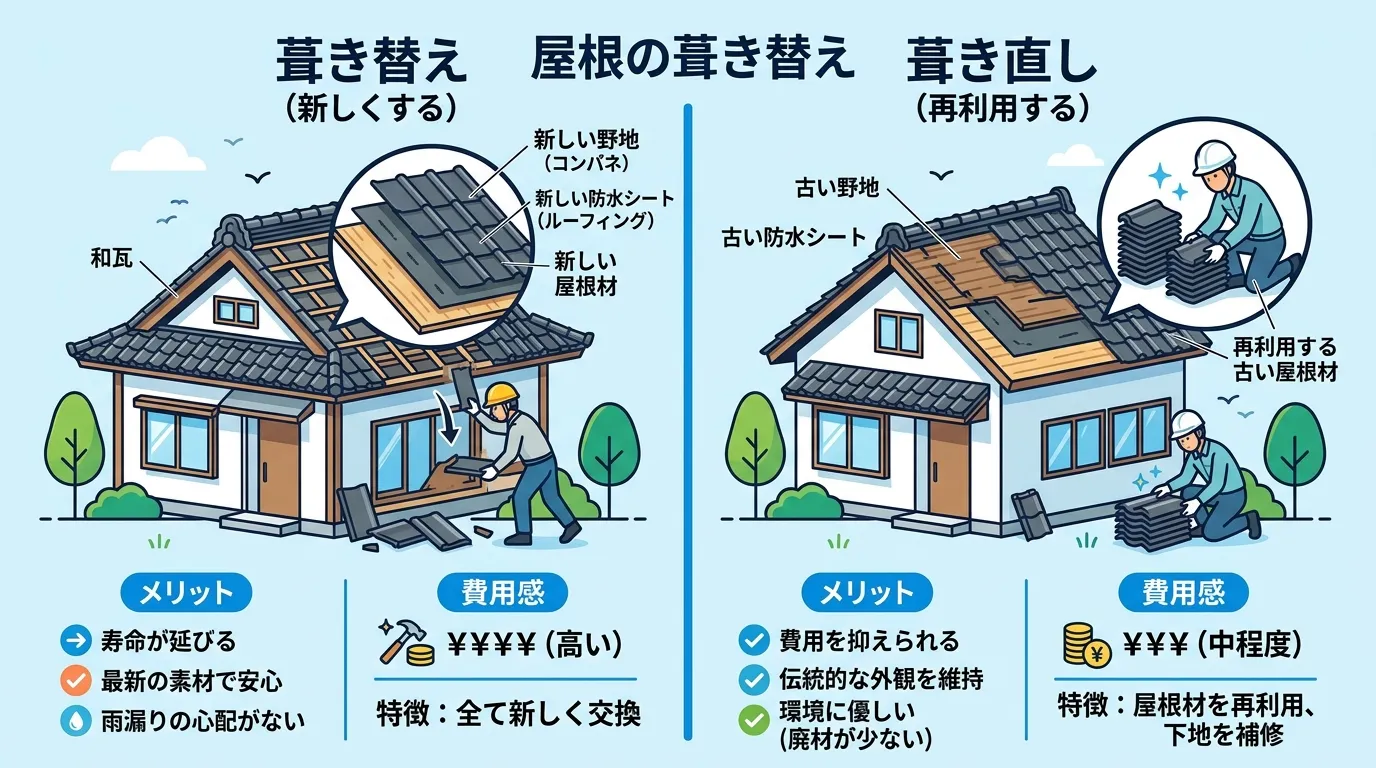 現代日本をベースに、日本人や日本の風景を使用すること, 「屋根の葺き替えと葺き直しの違い」を解説するインフォグラフィック。フラットデザインのデジタルイラスト。画面を左右に分割した比較図で、左に「葺き替
