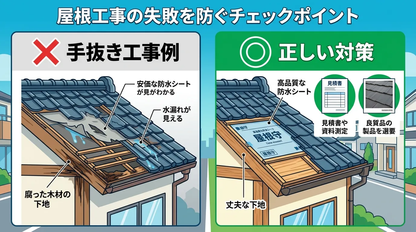 現代日本をベースに、日本人や日本の風景を使用すること, 「屋根工事の失敗を防ぐチェックポイント」というタイトルのインフォグラフィック。フラットデザインのイラストで、画面を左右に分割。左に赤いバツ印と「