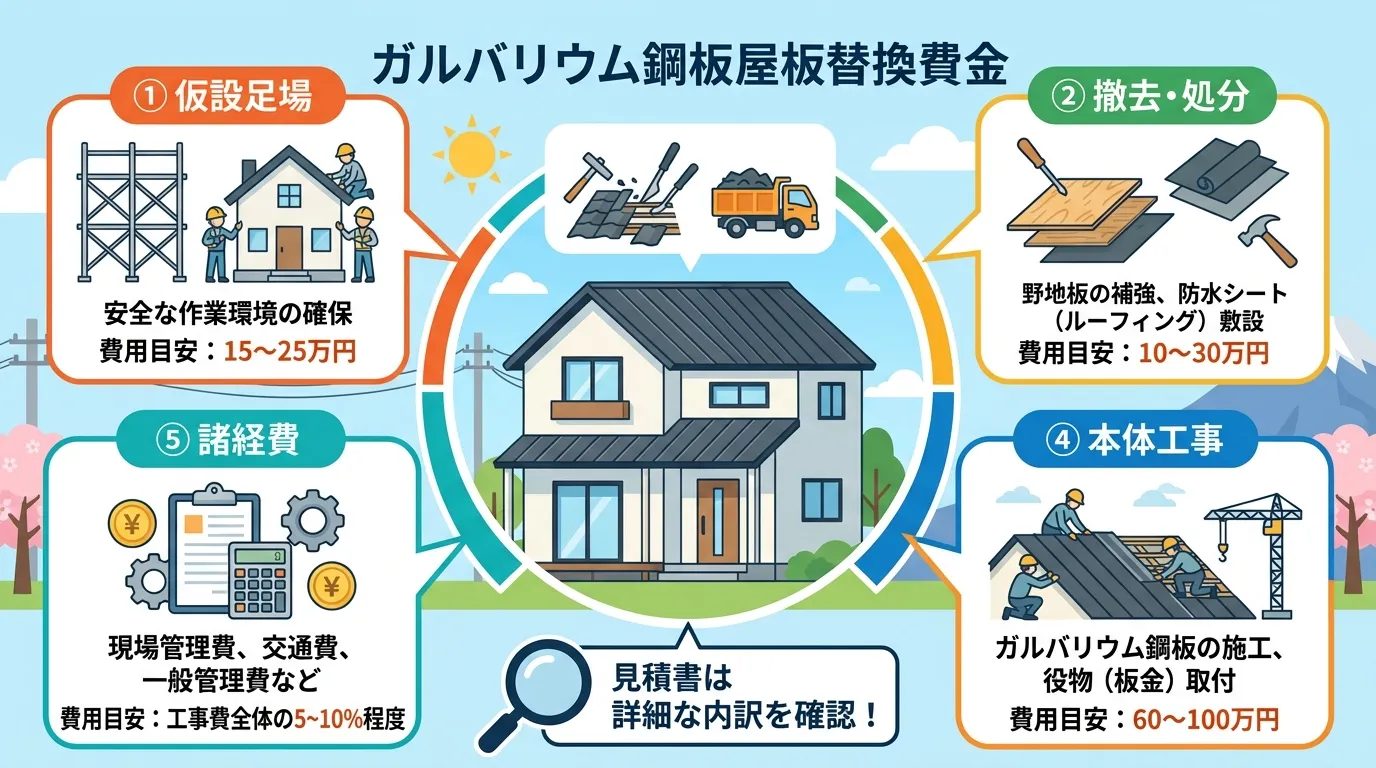 現代日本をベースに、日本人や日本の風景を使用すること, 「ガルバリウム鋼板 屋根葺き替え費用」の内訳を示すインフォグラフィック。中央に家のイラストを配置し、その周りを5つの費用項目が円状に取り囲む構図