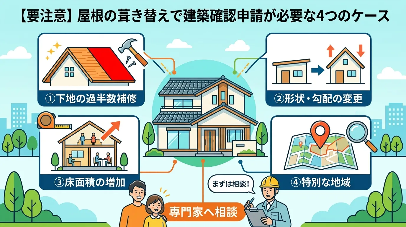 現代日本をベースに、日本人や日本の風景を使用すること, インフォグラフィック、フラットデザイン。「【要注意】屋根の葺き替えで建築確認申請が必要な4つのケース」というタイトル。中央に家のイラストを配置し