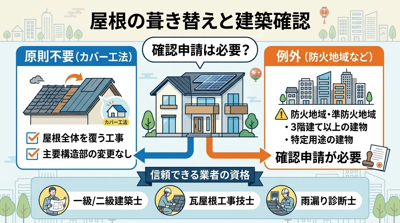 現代日本をベースに、日本人や日本の風景を使用すること, 「屋根の葺き替えと建築確認」をテーマにしたインフォグラフィック。中央の家のイラストから「確認申請は必要?」という問いで始まるフローチャート形式。