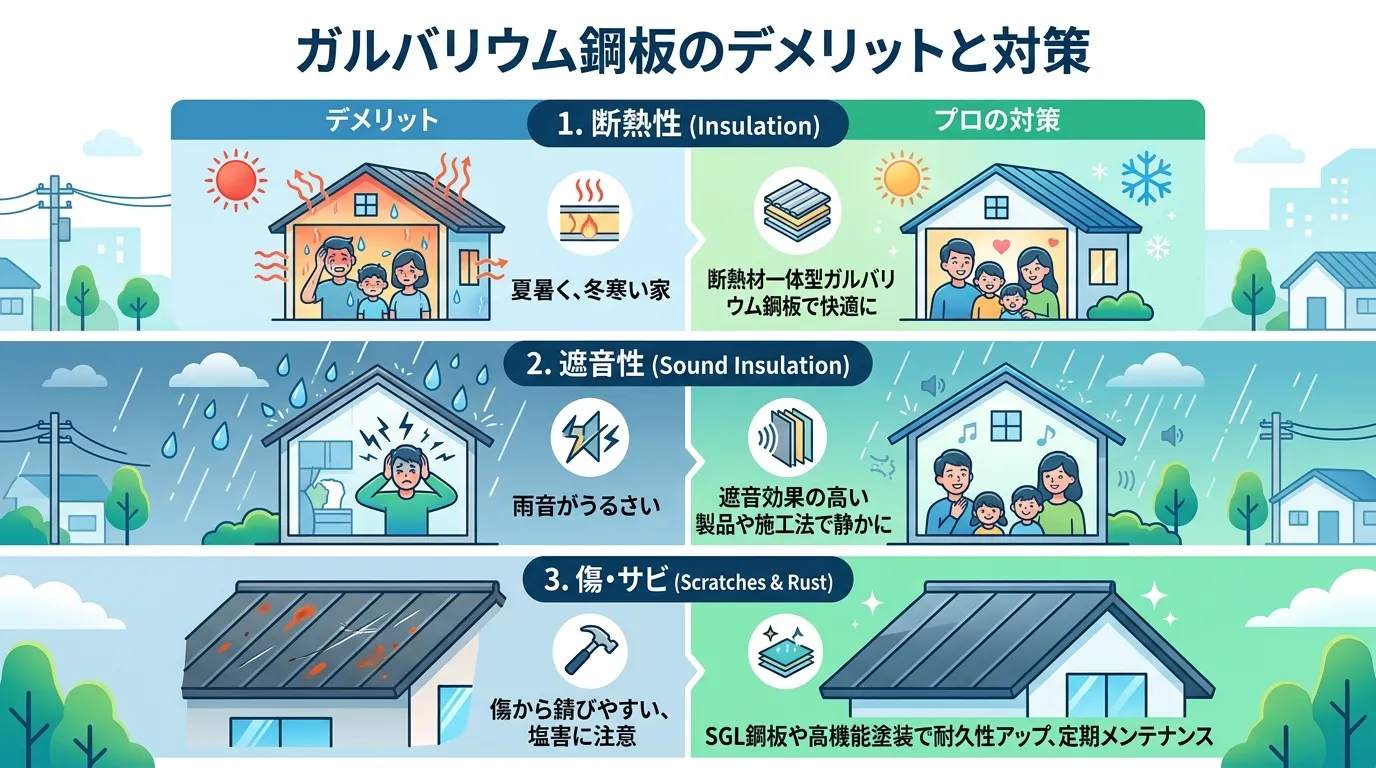 現代日本をベースに、日本人や日本の風景を使用すること, 「ガルバリウム鋼板のデメリットと対策」がテーマのインフォグラフィック。3つの項目（断熱性、遮音性、傷・サビ）を比較する構成で、左にデメリット（暑