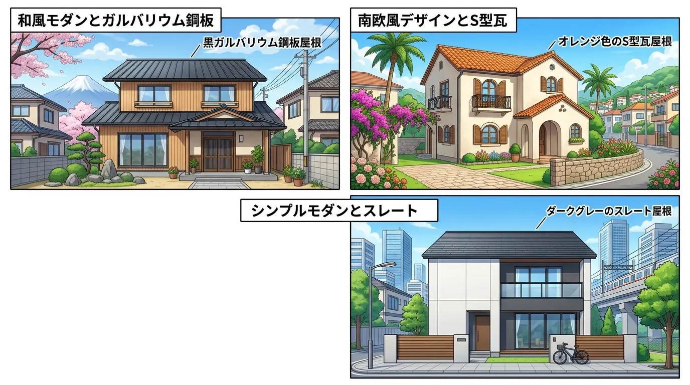 「和風モダンとガルバリウム鋼板」「南欧風デザインとS型瓦」「シンプルモダンとスレート」など、具体的な住宅スタイルと屋根材の組み合わせがわかる施工事例の写真を3～4点掲載する。]