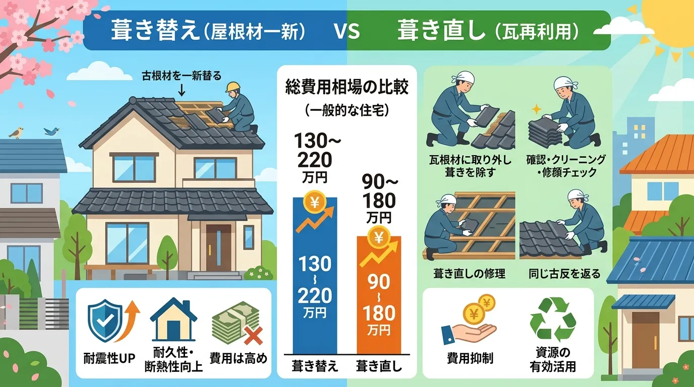 現代日本をベースに、日本人や日本の風景を使用すること, 屋根のメンテナンス方法「葺き替え」と「葺き直し」を比較するインフォグラフィック。画面を左右に分け、左に「葺き替え(屋根材一新)」、右に「葺き直し