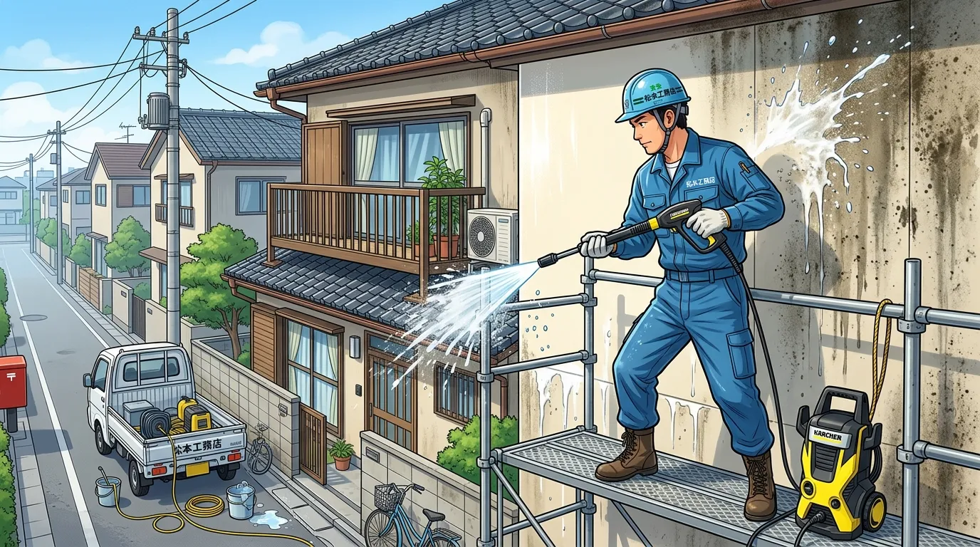 職人が高圧洗浄機で外壁の汚れを落としている作業風景の写真]