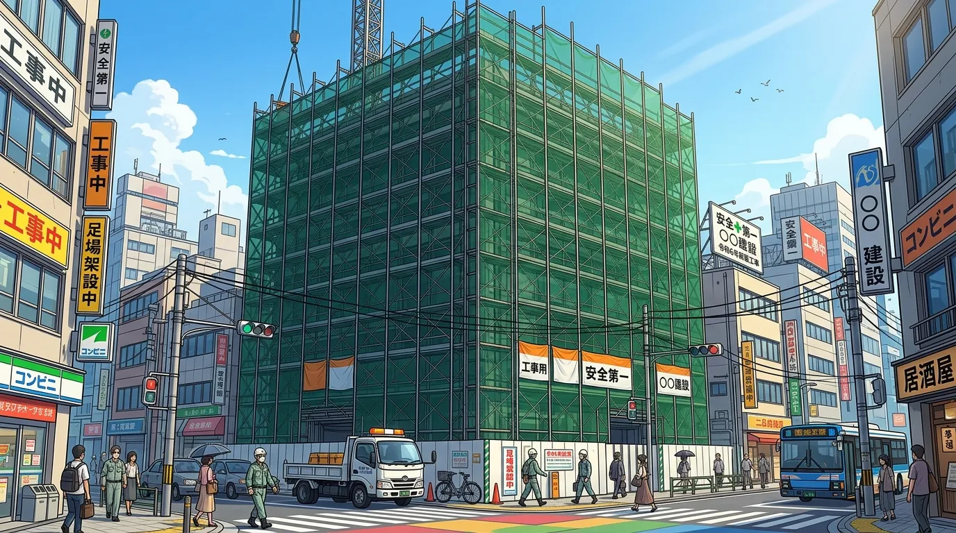 建物全体が足場と飛散防止ネットで覆われている状態の写真。ネットが隙間なく張られていることが分かるアングルが良い。]