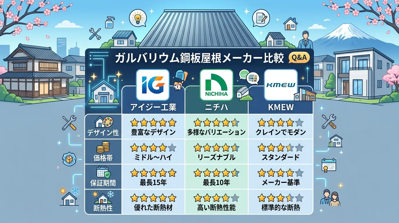 現代日本をベースに、日本人や日本の風景を使用すること, ガルバリウム鋼板屋根の主要メーカーを比較するインフォグラフィック。中央に「屋根メーカー比較 Q&A」のタイトル。アイジー工業、ニチハ、KMEWの