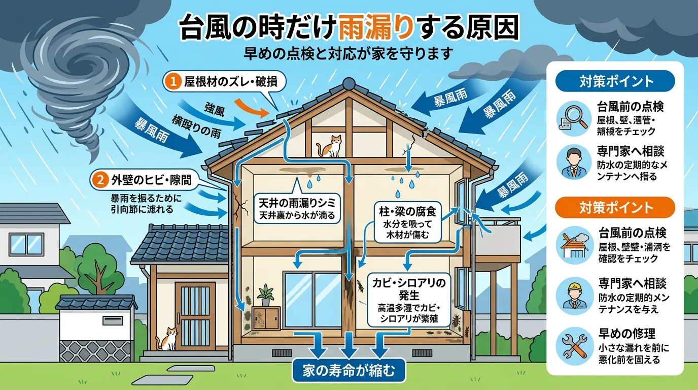 現代日本をベースに、日本人や日本の風景を使用すること, インフォグラフィック、デジタルイラスト。中央に台風の暴風雨を受ける家の断面図。家の弱点(屋根のズレ、壁のヒビ)に強風と雨の矢印が攻撃し、室内で雨