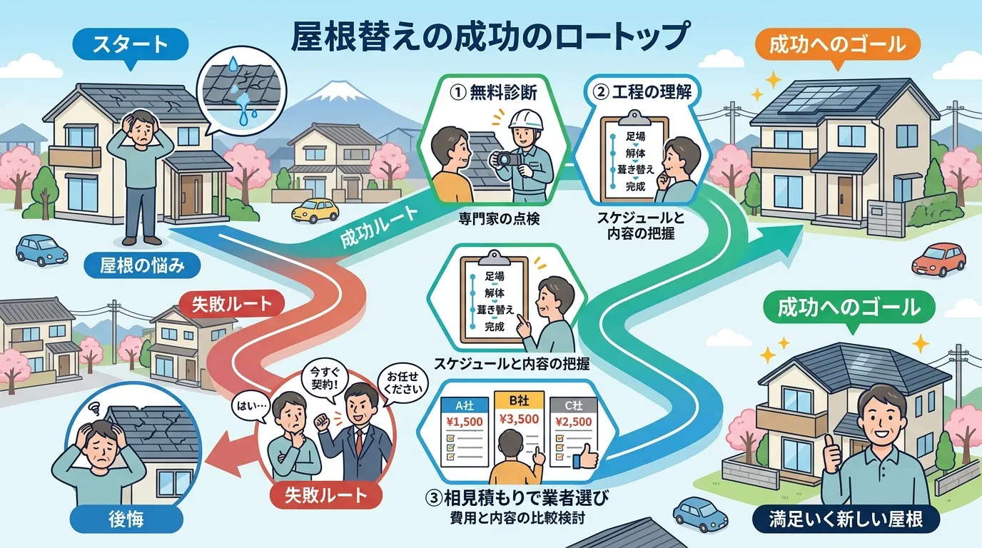 現代日本をベースに、日本人や日本の風景を使用すること, インフォグラフィック。屋根葺き替え工事成功へのステップ図。スタート地点に家の前で悩む人物。そこから道が二つに分岐。失敗ルートは「言われるがまま契