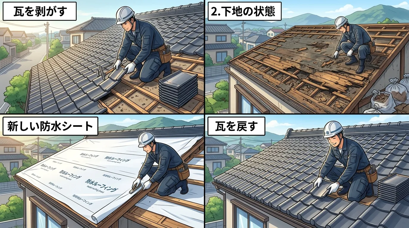葺き直し工事の工程写真。瓦を一枚ずつ丁寧に剥がしている様子&rarr;劣化した古い防水シートが見えている状態&rarr;新しい防水シートを敷き直した状態&rarr;剥がした瓦を元に戻している状態、の4枚組。]