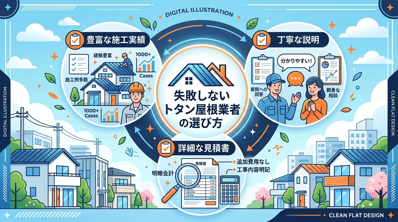 現代日本をベースに、日本人や日本の風景を使用すること, 「失敗しないトタン屋根業者の選び方」をテーマにしたインフォグラフィック。中央にタイトルを配置し、その周りに「豊富な施工実績」「丁寧な説明」「詳細