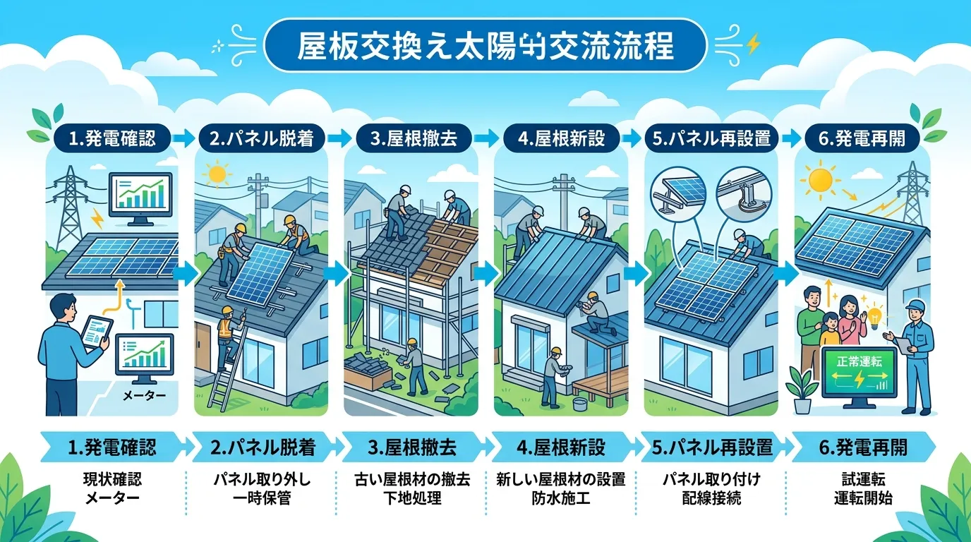 現代日本をベースに、日本人や日本の風景を使用すること, ソーラーパネル付き屋根の葺き替え工事の全6工程を示すステップ図形式のインフォグラフィック。「1.発電確認」「2.パネル脱着」「3.屋根撤去」「4
