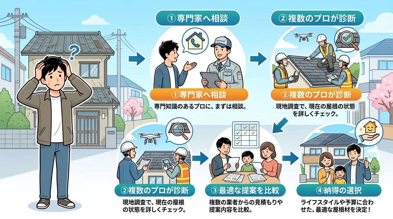 現代日本をベースに、日本人や日本の風景を使用すること, インフォグラフィック、最適な屋根材選びのプロセスを示すフロー図。悩んでいる人物と家のイラストから始まり、「①専門家へ相談」「②複数のプロが診断」