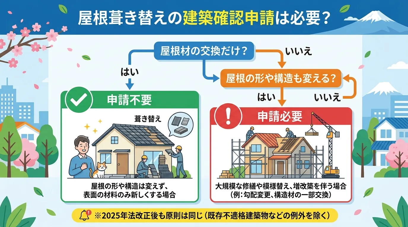 現代日本をベースに、日本人や日本の風景を使用すること, 「屋根葺き替えの建築確認申請は必要?」というタイトルで、家の所有者が判断できるフローチャート形式のインフォグラフィック。フラットデザインで親しみ