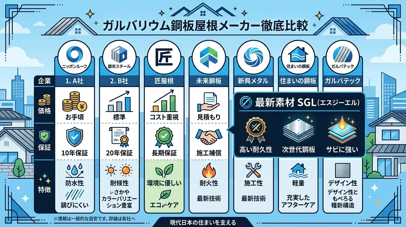 現代日本をベースに、日本人や日本の風景を使用すること, ガルバリウム鋼板屋根メーカー7社を比較するインフォグラフィック。中央に「ガルバリウム鋼板屋根メーカー徹底比較」というタイトル。7つの企業ロゴ風ア