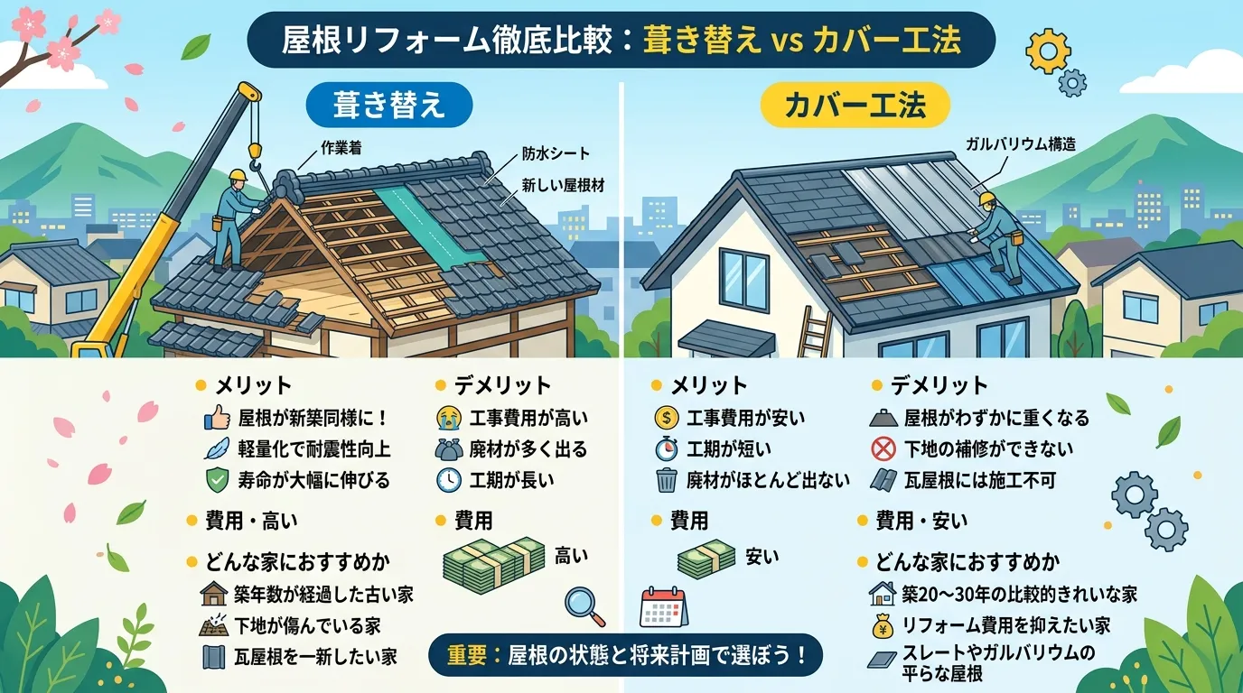 現代日本をベースに、日本人や日本の風景を使用すること, 屋根リフォームの「葺き替え」と「カバー工法」を比較するインフォグラフィック。明るいデジタルイラスト調。画面を左右に分け、左に「葺き替え」、右に「