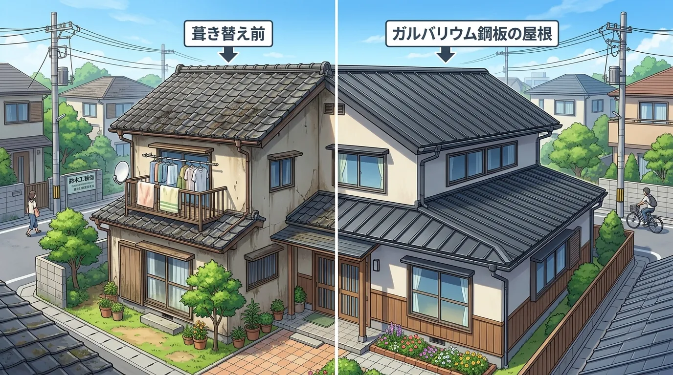 葺き替え工事のビフォーアフター写真。古いスレート屋根が、新しいガルバリウム鋼板の屋根に生まれ変わった様子。]