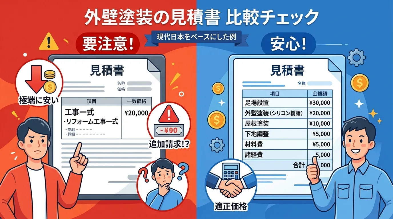現代日本をベースに、日本人や日本の風景を使用すること, 悪徳業者と優良業者の見積書を比較するインフォグラフィック。画面を左右に分割し、左は赤色基調で「要注意!」と題し、「工事一式」とだけ書かれた不透明