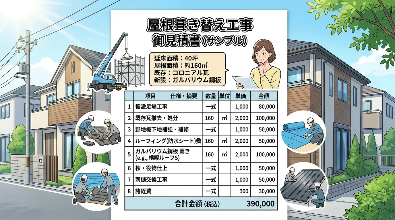 延床面積40坪の住宅でガルバリウム鋼板に葺き替える場合の見積もり明細サンプル画像。]