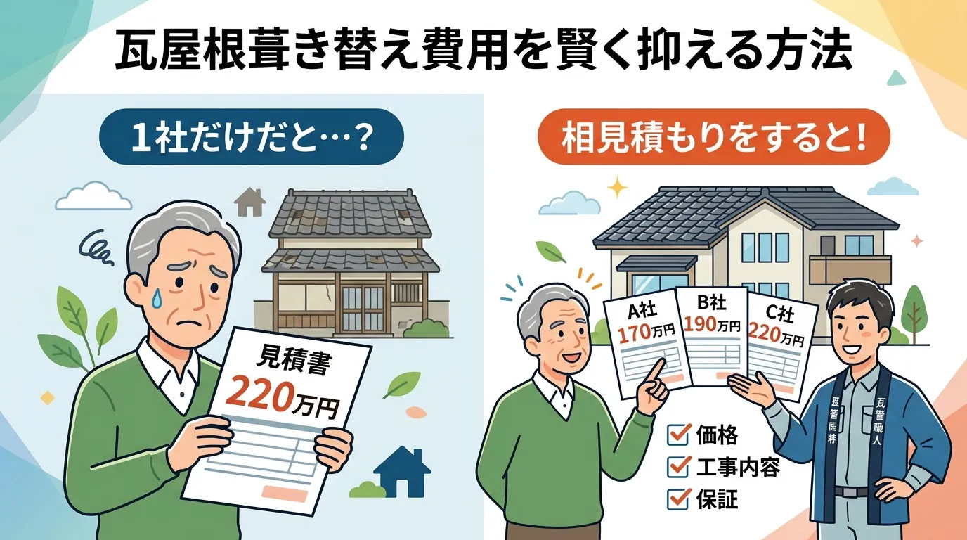 現代日本をベースに、日本人や日本の風景を使用すること, 「瓦屋根葺き替え費用を賢く抑える方法」というタイトルのインフォグラフィック。画面を左右に2分割した比較図。左側は「1社だけだと&hellip;？」の見出しで、