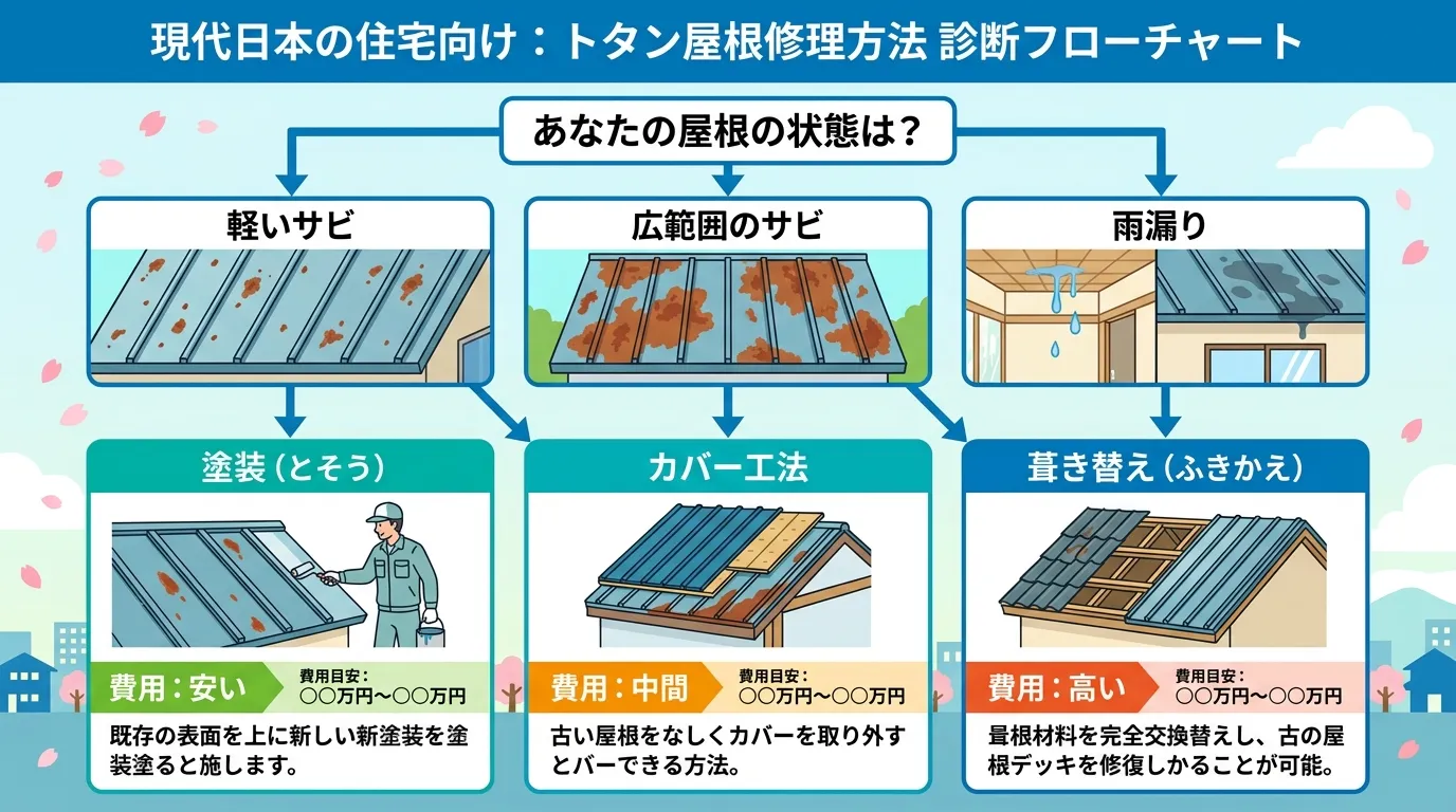 現代日本をベースに、日本人や日本の風景を使用すること, インフォグラフィック、トタン屋根の修理方法を選ぶための診断フローチャート。「あなたの屋根は？」という問いから「軽いサビ」「広範囲のサビ」「雨漏り