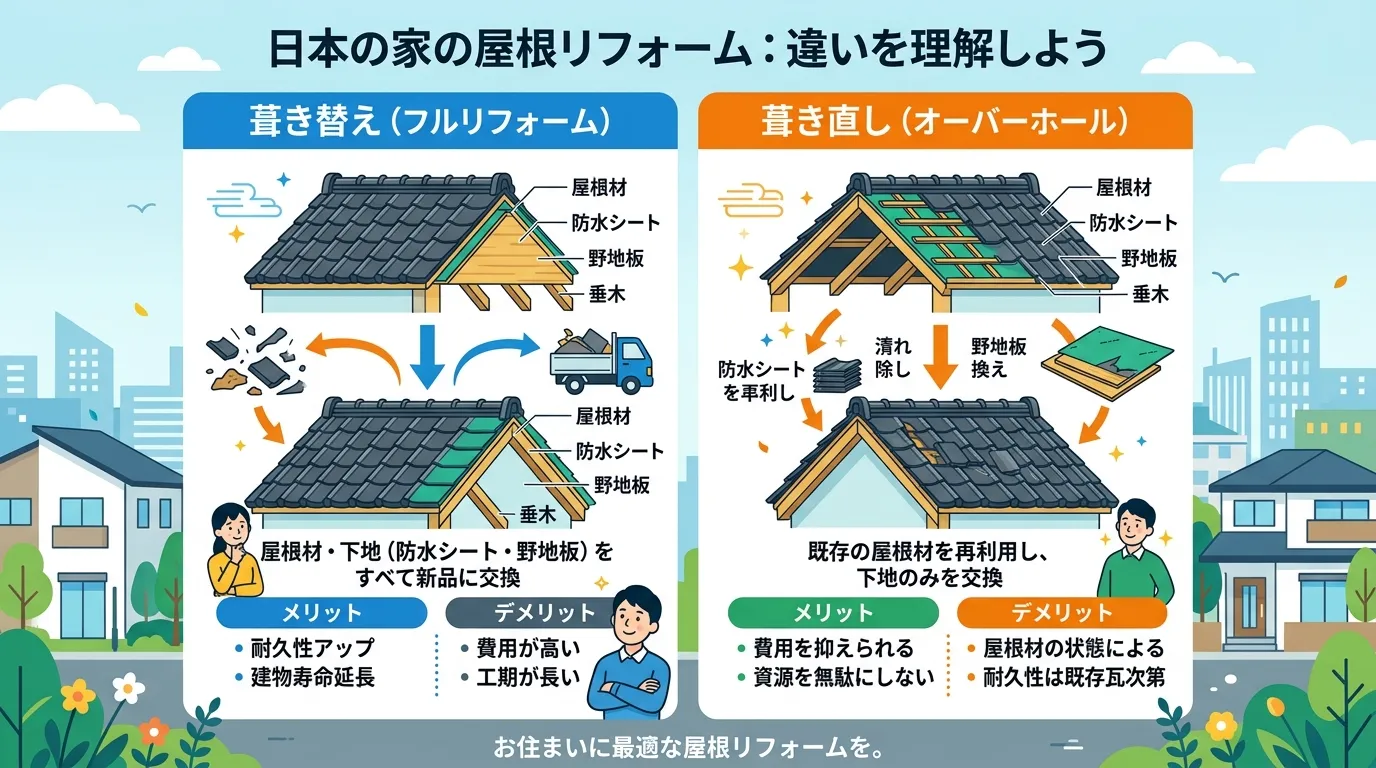 現代日本をベースに、日本人や日本の風景を使用すること, 屋根の「葺き替え」と「葺き直し」の違いを解説する比較インフォグラフィック。左に「葺き替え(フルリフォーム)」、右に「葺き直し(オーバーホール)」