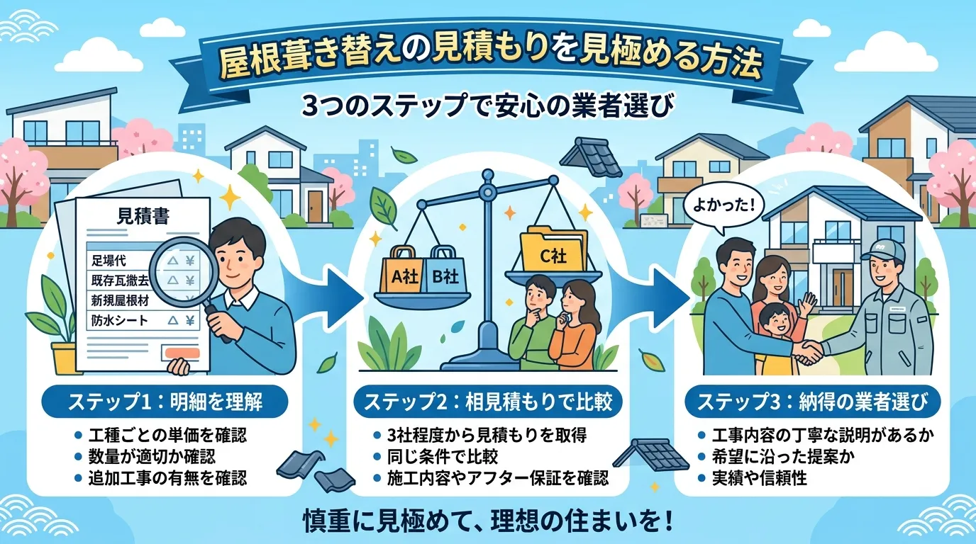 現代日本をベースに、日本人や日本の風景を使用すること, 「屋根葺き替えの見積もりを見極める方法」をテーマにしたインフォグラフィック。フラットデザインのデジタルイラストで、3つのステップを矢印で繋ぐ。1