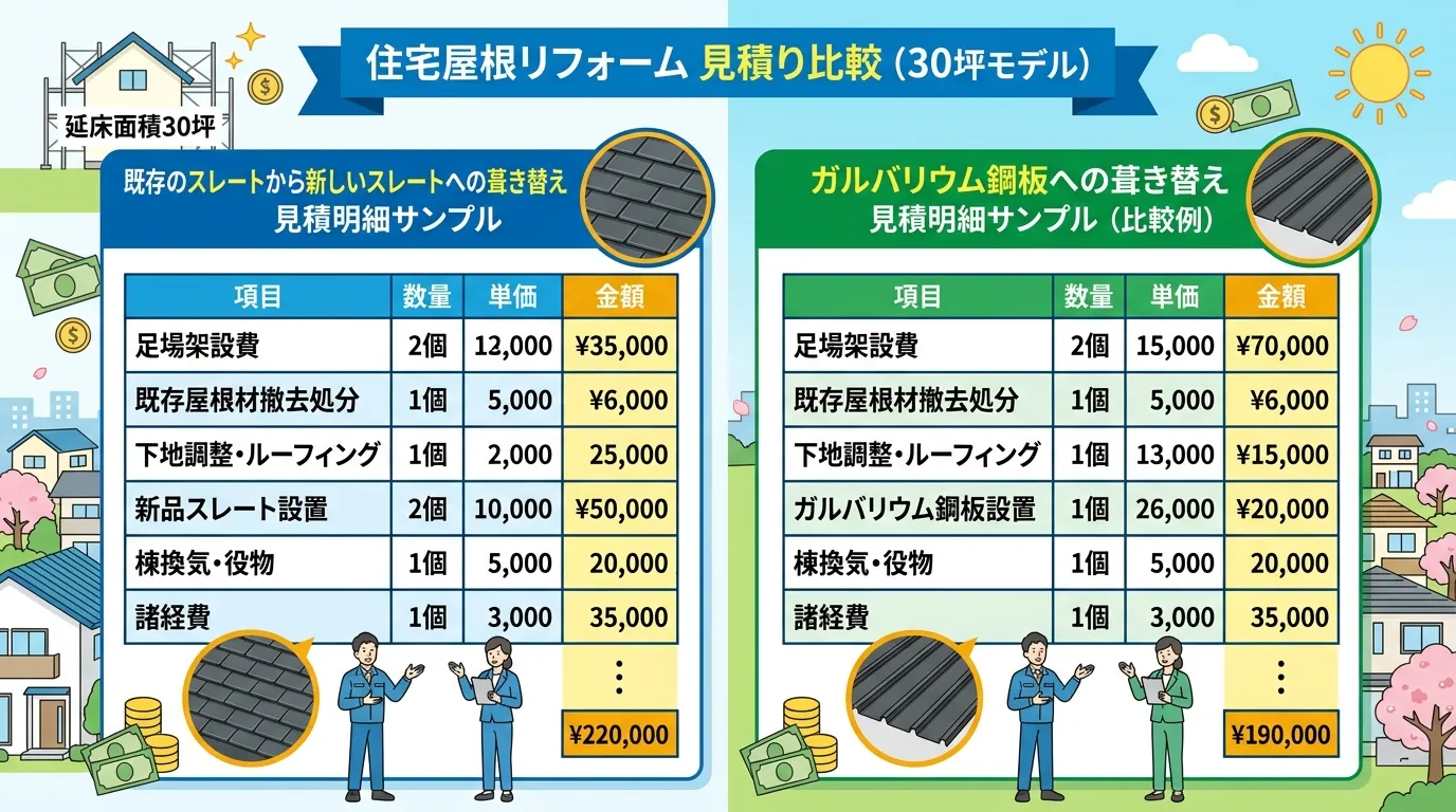 延床面積30坪の住宅で、既存のスレート屋根から新しい「スレート」に葺き替える場合の見積もり明細サンプル画像。ガルバリウム鋼板の例と比較できるもの。]