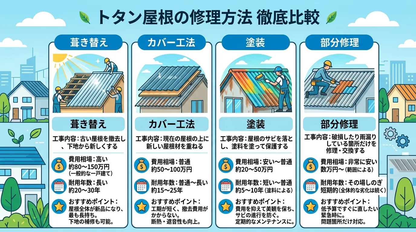 現代日本をベースに、日本人や日本の風景を使用すること, トタン屋根の修理方法を比較するインフォグラフィック。「葺き替え」「カバー工法」「塗装」「部分修理」の4つの選択肢を横に並べ、それぞれの工事内容を