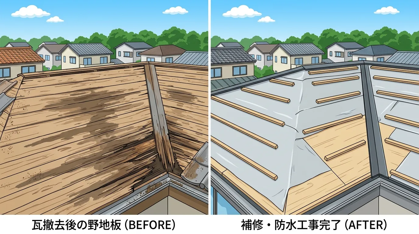 瓦を撤去した後の野地板。一部が雨染みで黒く変色し、腐食している部分がわかるビフォーアフター写真]